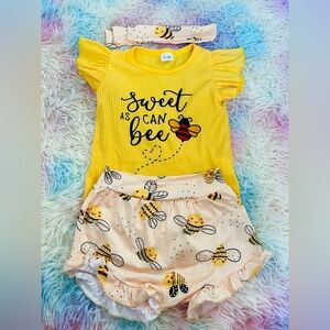 Yellow Baby 'Sweet as Can Bee' Top Onesie and Bee Print Shorts Set and hair tie